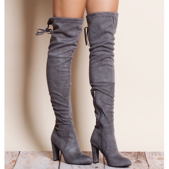 Grey Over the Knee Suede Boots - Picture 2 of 3