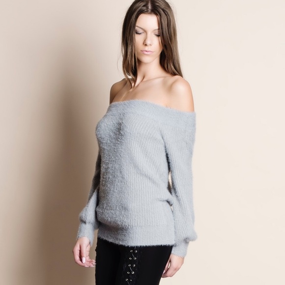 Off Shoulder Fuzzy Sweater Top - Picture 2 of 4