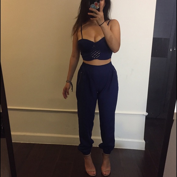 Navy Two Piece Crop Top / Jogger Matching Set