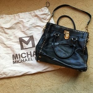 Black leather large shoulder bag w gold accents