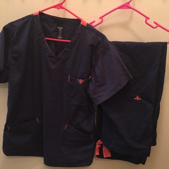 Ned Couture scrub set. Navy and coral