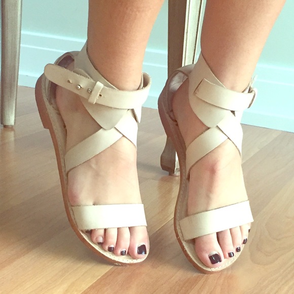 Beige/nude/cream strappy leather ankle sandals