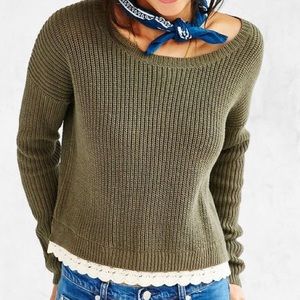 DONATING! LAST CHANCE! Green Sweater w/Lace Trim