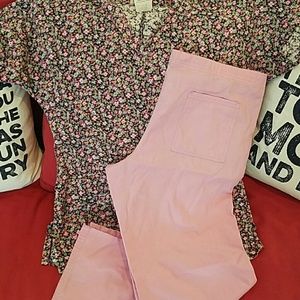 Floral scrub top with light pink pants