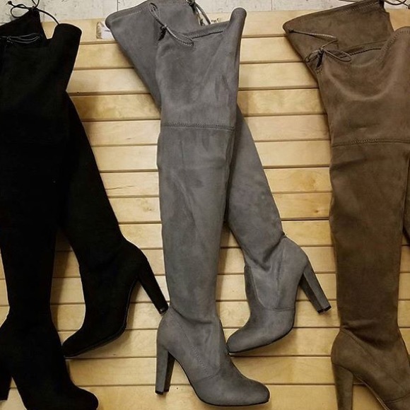 Grey thigh high boots