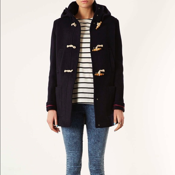 Topshop Navy Wool Hooded Duffle Coat