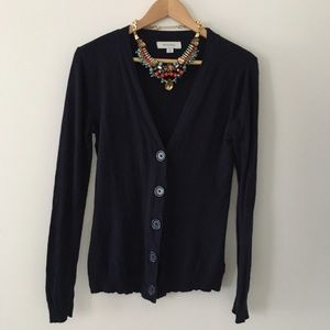 V-neck navy cardigan & statement necklace