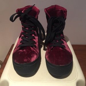 Burgundy, velvet high top platform sneaker