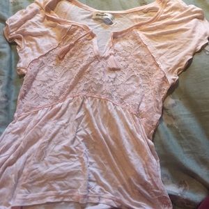 Pink short sleeve shirt with lace
