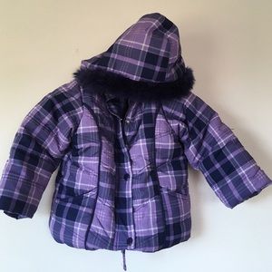 Purple plaid puffer snow coat