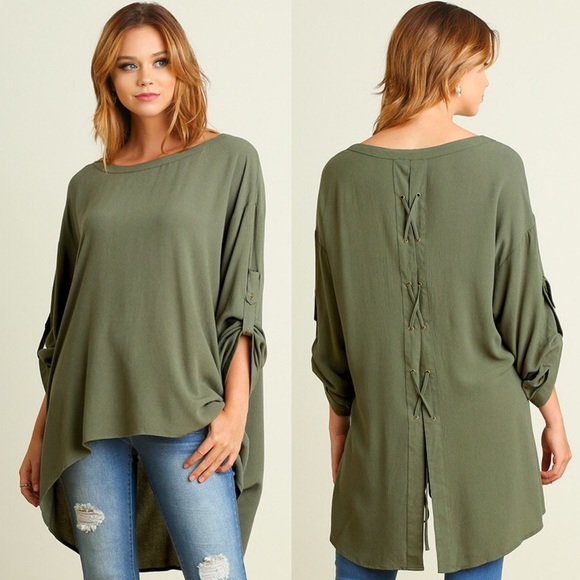 Bellanblue Tops - MILAYA roll up sleeve hi-lo tunic top - OLIVE