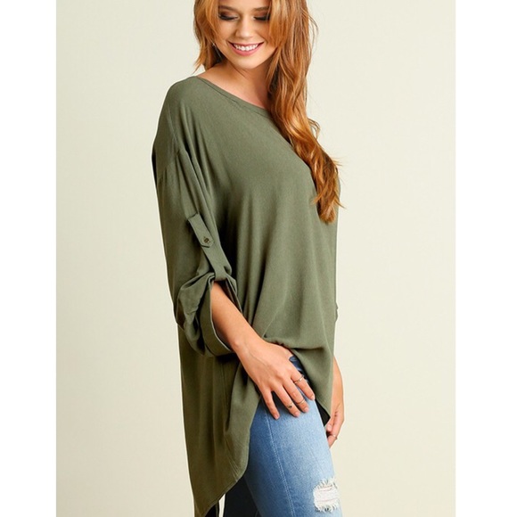 MILAYA roll up sleeve hi-lo tunic top - OLIVE - Picture 2 of 2