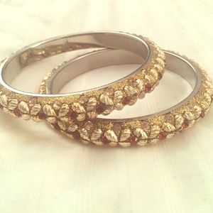 Gold and Amber Stone Bangle Bracelet Set