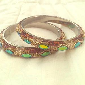 Gold and Iridescent Stone Bangle Bracelet Set