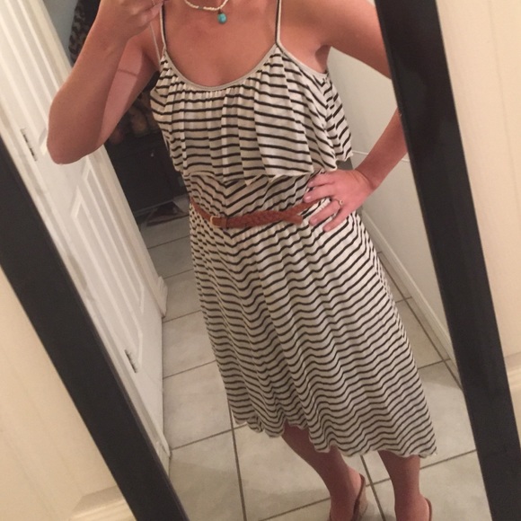 Striped High to Low Dress with Braided Belt