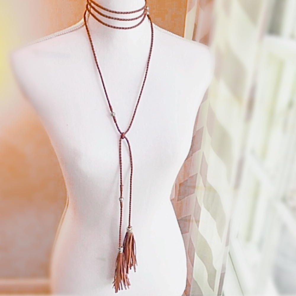 Brown Leather Tassel Multiway Choker Necklace
