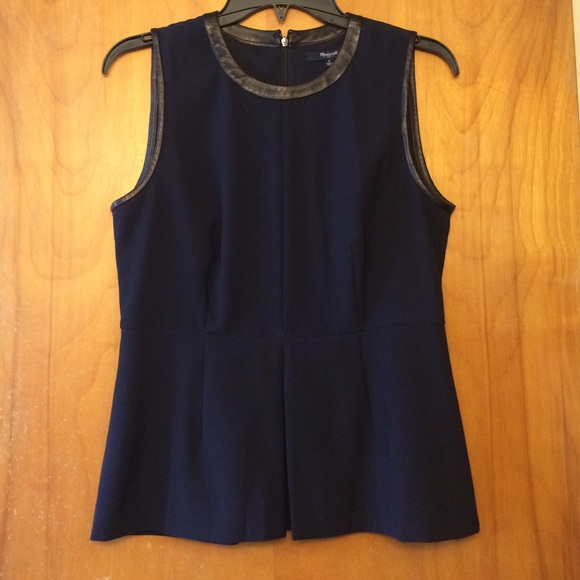 SOLD Madewell peplum navy top leather trim