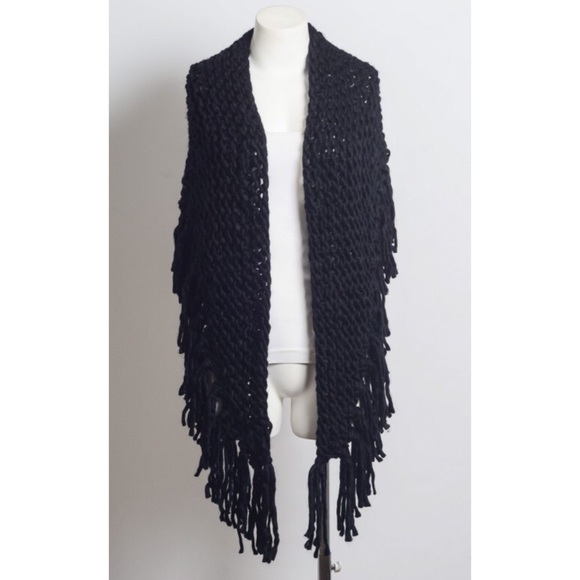 Sale- Black Oversized Knit Tassel Triangle Scarf - Picture 2 of 4
