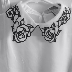 Black rose embroidered collared blouse