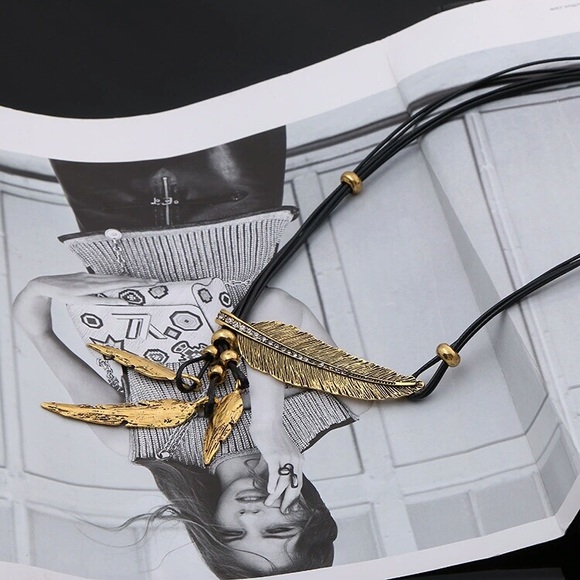 Bohemian Style Black Rope Chain Feather Pattern - Picture 2 of 2