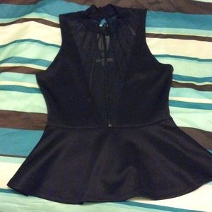 Black Peplum Top with Mesh and Leather Middle