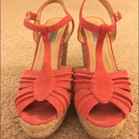 Steve Madden coral/orange T-strap wedges