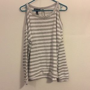 INC COLD SHOULDER STRIPED RHINESTONE SWEATSHIRT