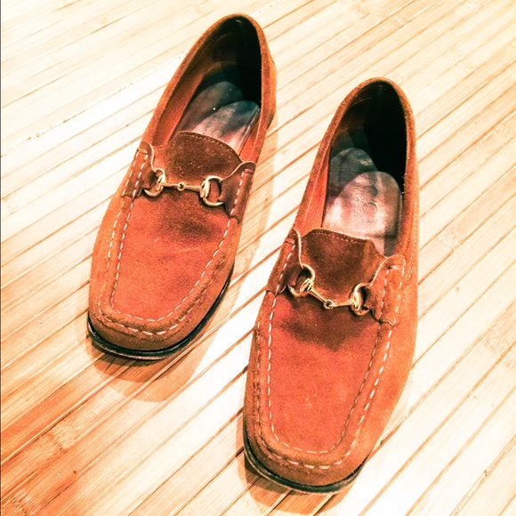 Gucci Suede Loafers, cognac with gold buckle