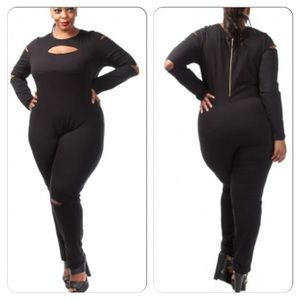 Sexy Black Cut Out Slit Long Sleeve Jumpsuit