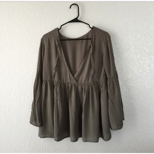 Olive color. Boho Ruffled peplum blouse.