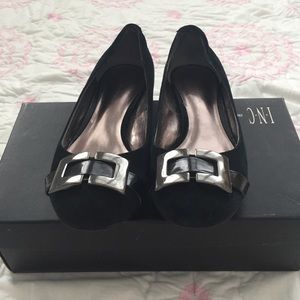 INC Black Suede Flats with Pewter Buckle