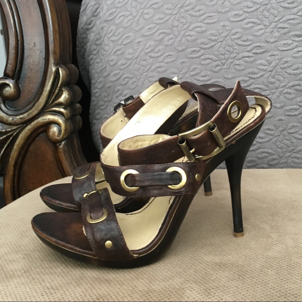 Soalos Dark Brown Leather Heel Pump Shoes