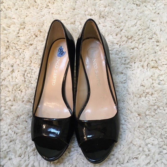 Size 6.5 peep toe black patent pumps