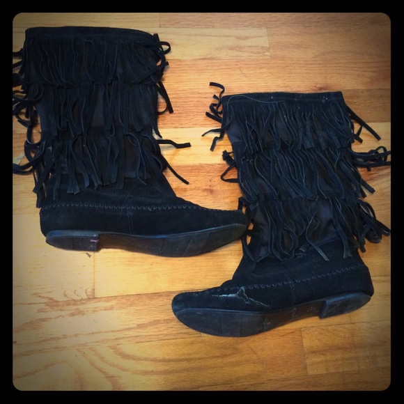 Suede fringe moccasin boots Lauren Conrad black