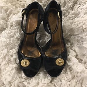 Navy Blue Velvet Coach Peep toes