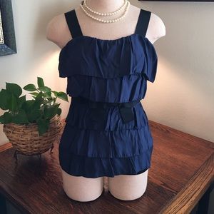 NWOT Bordeaux Anthropologie Navy Silk Top. Small