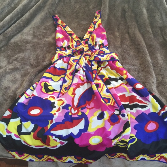 Bright silk print ECI cocktail dress