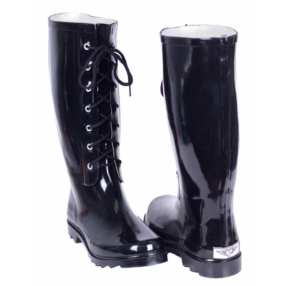 Women's Black Rubber Rainboots With Laces RB1806 - Picture 2 of 4