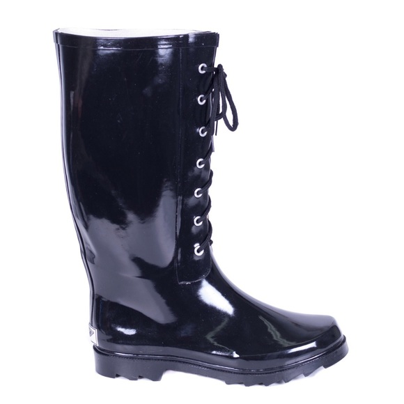 Women's Black Rubber Rainboots With Laces RB1806 - Picture 3 of 4