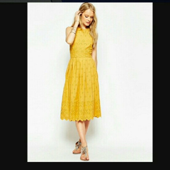Asos yellow broderie midi dress, US14 / UK18