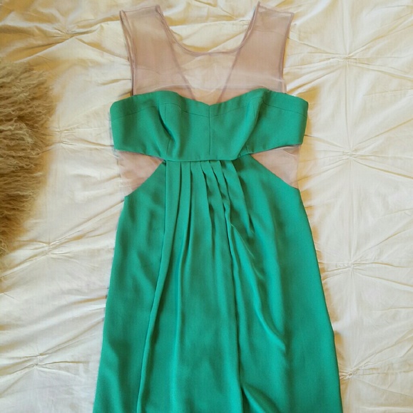 BCBG Emerald & Nude Mesh Cut Out Dress EUC