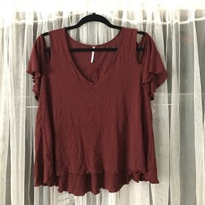 Free People Maroon Shoulder Cut Flowy Shirt
