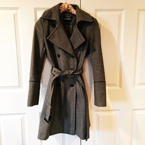 Double breasted grey wool trench coat.
