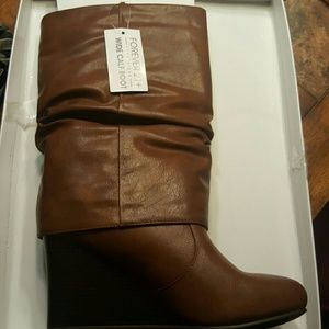 Brown Faux Leather Wide-Calf Wedge Boots