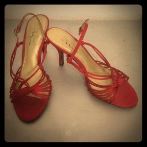 Red strappy heels, size 8