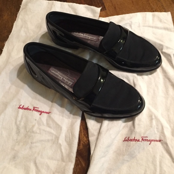 Ferragamo patent leather and grosgrain tux shoes