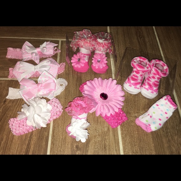 Baby Girls Hair Bow & Socks Lot NB-3mos