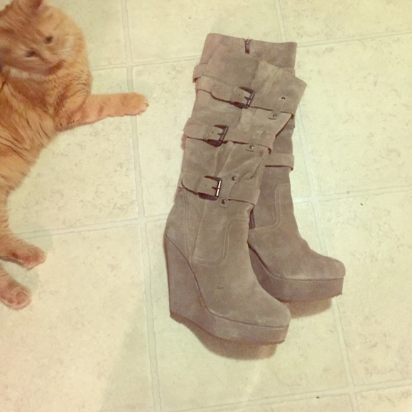 Suede leather boots with wedge heel, buckle detail
