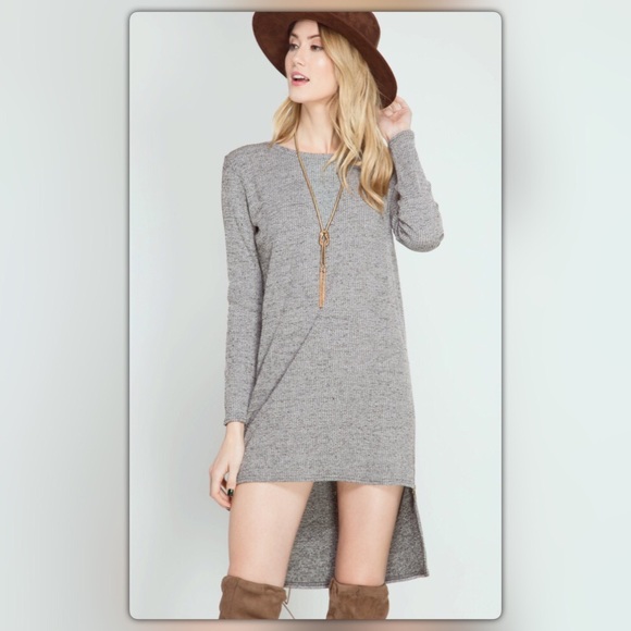 Gray Ribbed Sweater Shift Dress with Zipper Sides - Picture 3 of 3