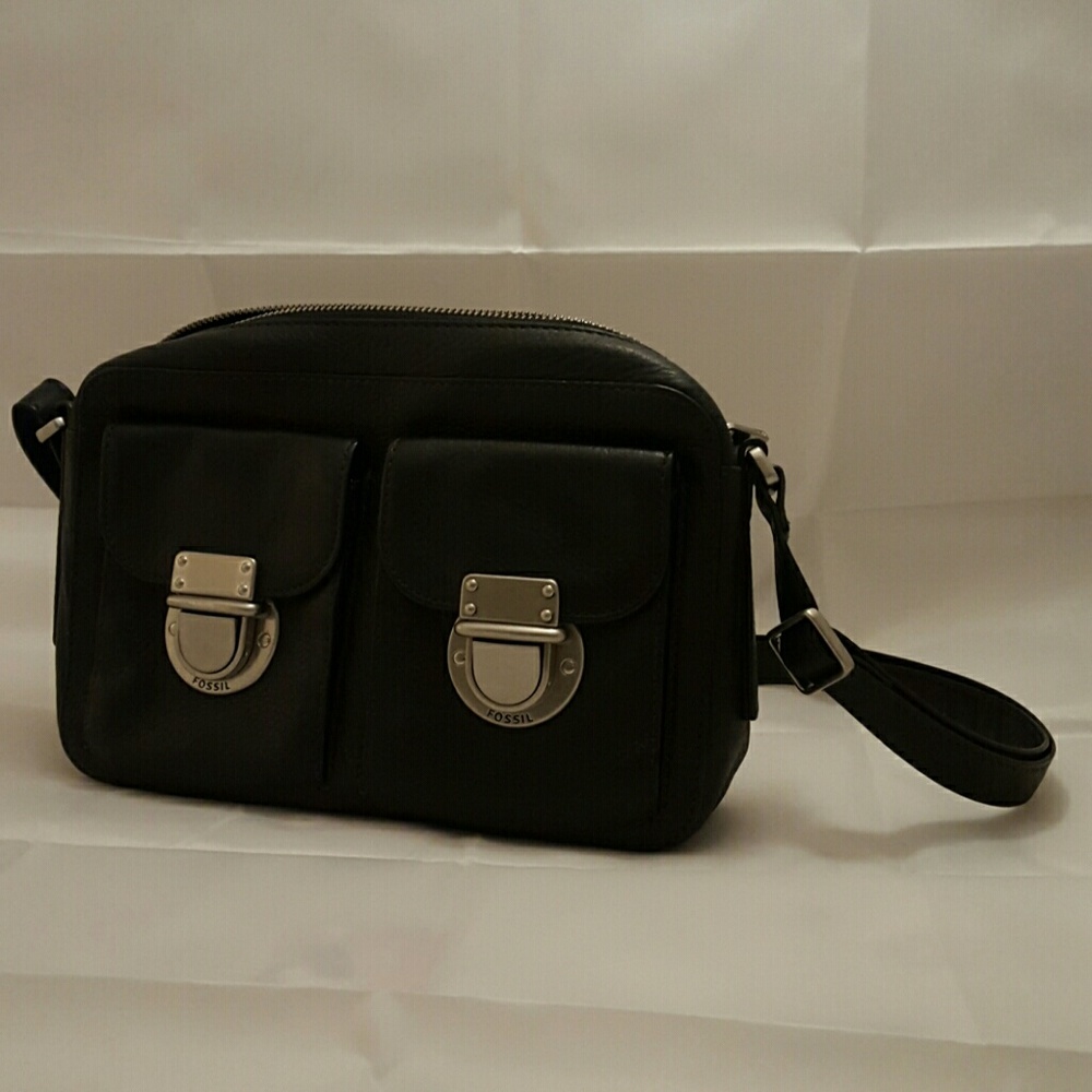 Fossil two pocket small black leather crossbody